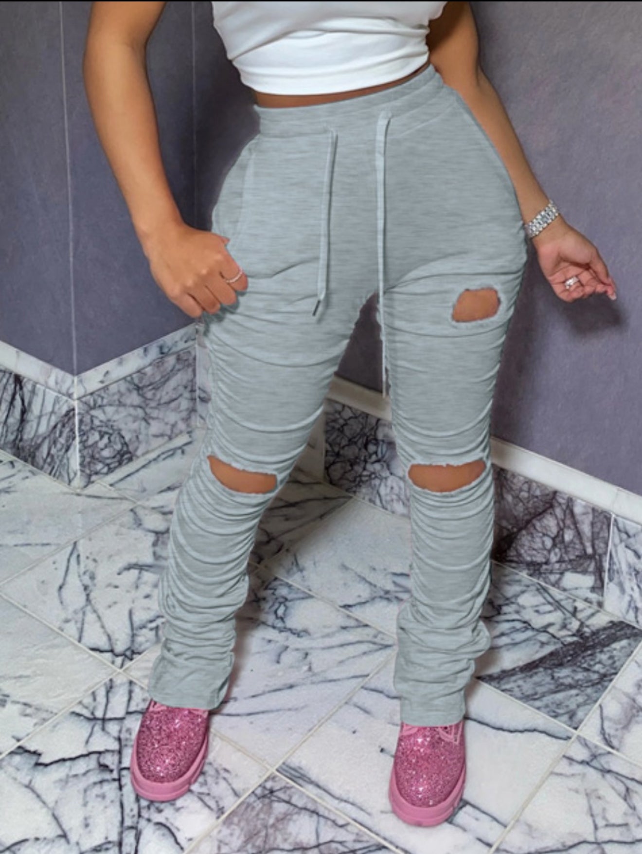 Ripped Solid Color Pants