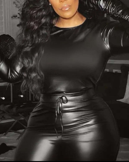 Ruched Long Sleeve Top & PU Leather Pants Set