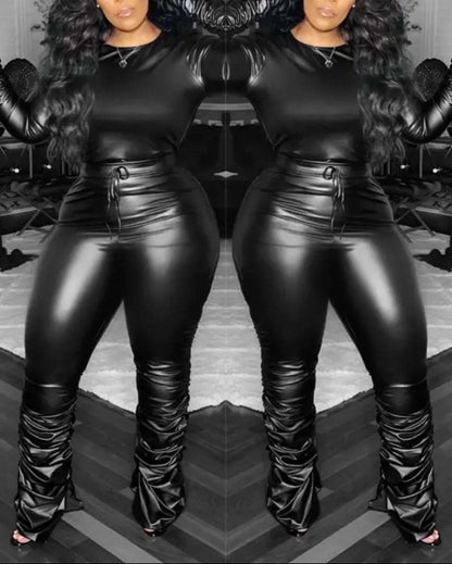 Ruched Long Sleeve Top & PU Leather Pants Set