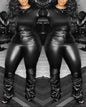 Ruched Long Sleeve Top & PU Leather Pants Set