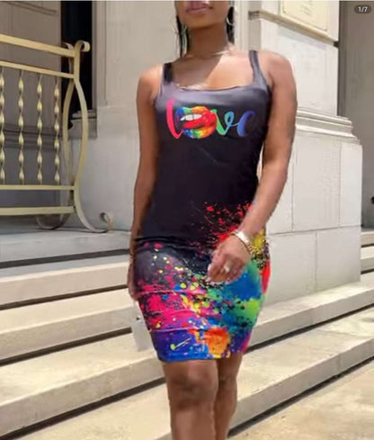Love Lip Ink Splash Print Sleeveless Bodycon Dress