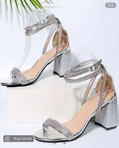 Rhinestone Ankle Strap Chunky Heels