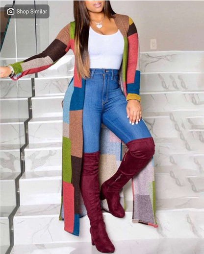 Colorblock Long Sleeve Casual Longline Coat