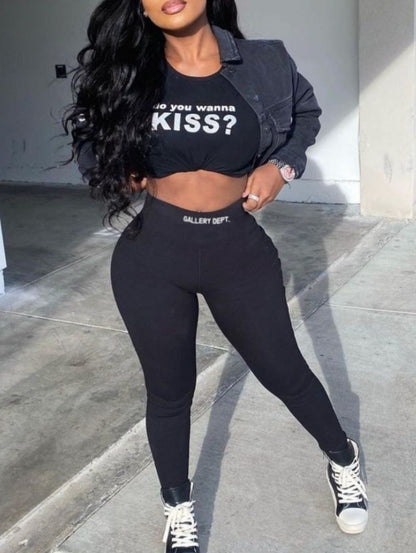 Mid Waist Letter Print Stretchy Pants