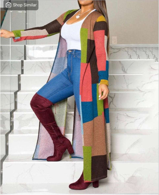 Colorblock Long Sleeve Casual Longline Coat