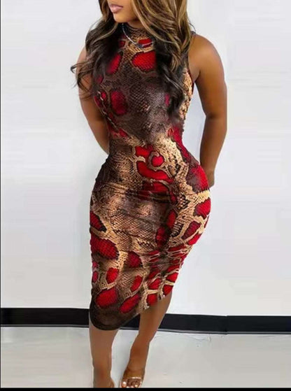 Snakeskin Print Sleeveless Ruched Bodycon Dress