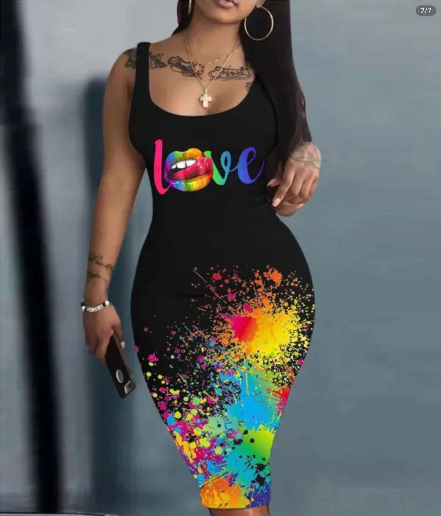 Love Lip Ink Splash Print Sleeveless Bodycon Dress