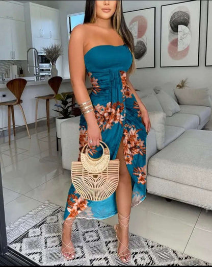 Floral Print Bandeau Draped Split Maxi Dress