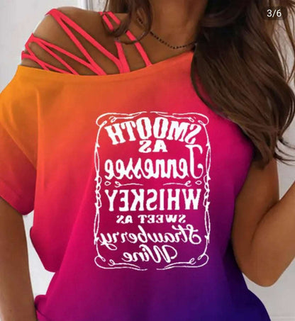 Smooth As Tennessee Whiskey Sweet as Strawberry Wine Ombré Shoulder Top Shirt