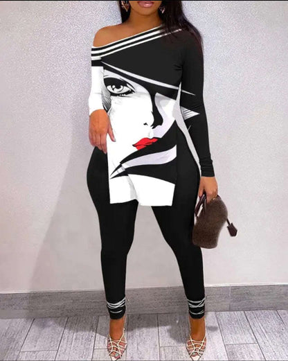 Figure Print Split Hem Long Sleeve Top & Pants Set