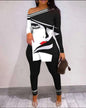 Figure Print Split Hem Long Sleeve Top & Pants Set