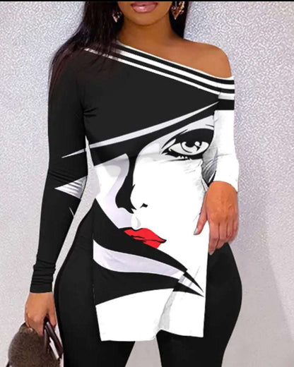 Figure Print Split Hem Long Sleeve Top & Pants Set