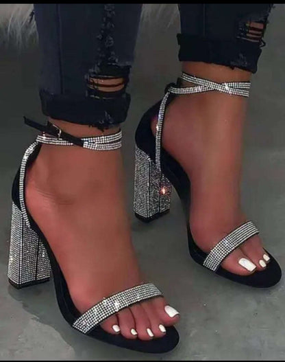 Rhinestone Ankle Strap Chunky Heels