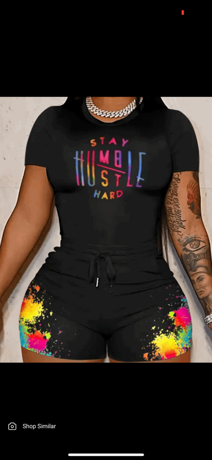 Stay Humble Hustle Hard Print Casual Top & Ink Splash Shorts Set