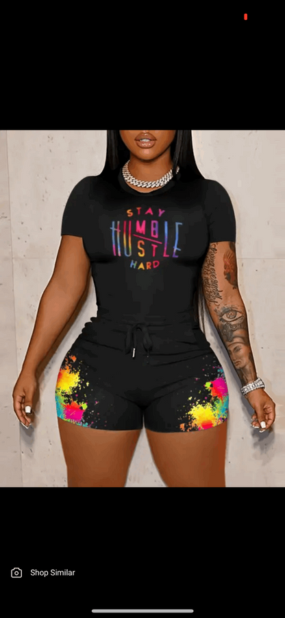 Stay Humble Hustle Hard Print Casual Top & Ink Splash Shorts Set