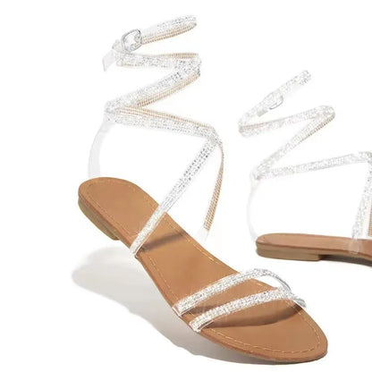  New flat with large size winding belt rhinestones womens sandals