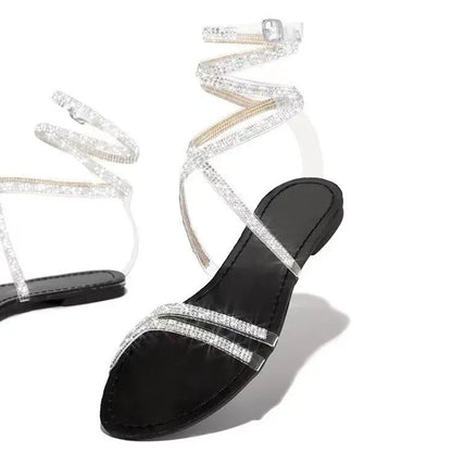  New flat with large size winding belt rhinestones womens sandals